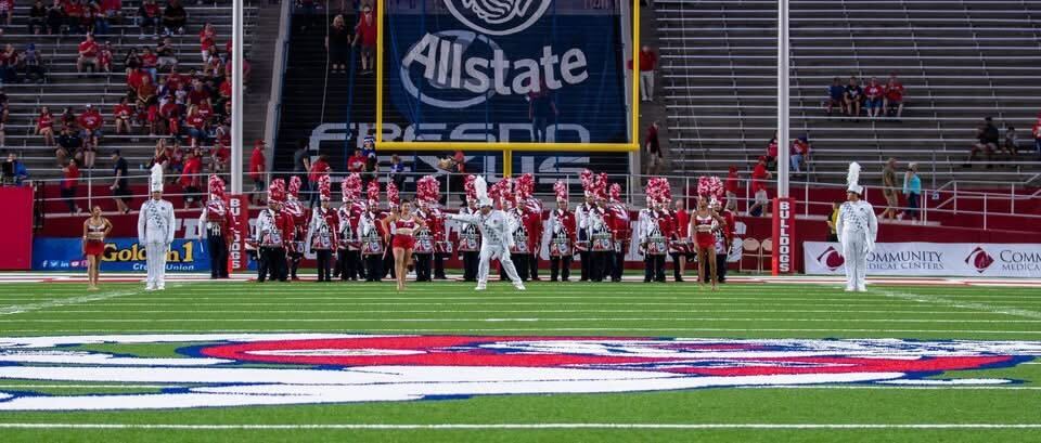 The Bulldog Marching Band on the field at Bulldog Stadium